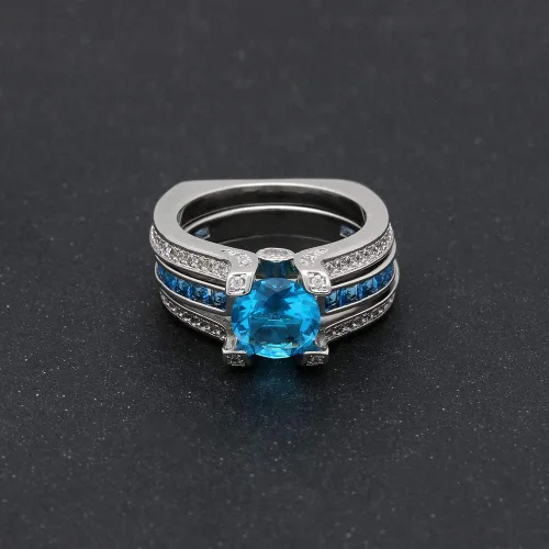 Miniatura 7 de UFOORO Juego de anillos de boda de cristal azul cielo para mujer, chapado en platino