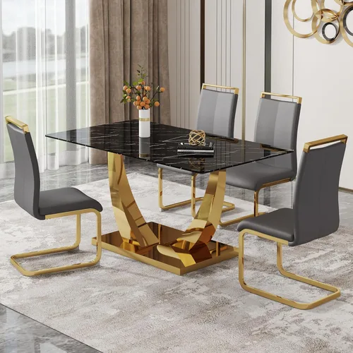 Miniatura 12 de Juego de mesa de comedor de 63 pulgadas para 4, juego de mesa de comedor dorado moderno para 4, juego de mesa de cocina de mármol sintético con negro