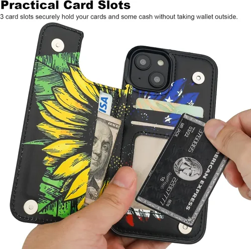 Miniatura 3 de HAOPINSH Funda tipo cartera para iPhone 13 con tarjetero y diseño de girasoles de bandera americana, tapa trasera, de piel sintética, con ranuras