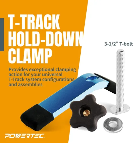 Miniatura 2 de POWERTEC 71168-P2V Abrazadera de retención T-Track, 5-1/2" L x 1-1/8" W, paquete de 4, abrazaderas de riel en T para carpintería