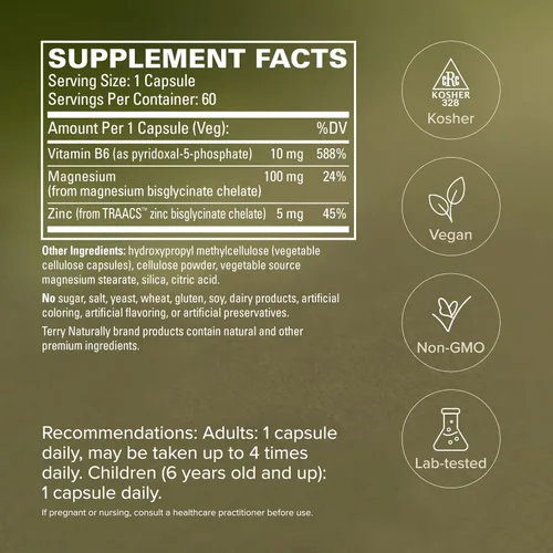 Miniatura 5 de Terry Naturally P-5-P/MAG - 60 cápsulas veganas - Vitamina B6 (piridoxal-5-fosfato), suplemento de zinc y magnesio, apoya la salud del corazón, sin