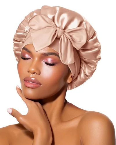 Miniatura 20 de Gorro de satén de seda para dormir con banda ancha para cabello rizado, color rosado oro rosa claro