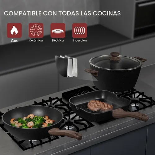 Miniatura 4 de Kikcoin Juego de ollas y sartenes antiadherentes de 31 piezas de cocina antiadherentes con sartén para parrilla, cacerola para hornear, color negro