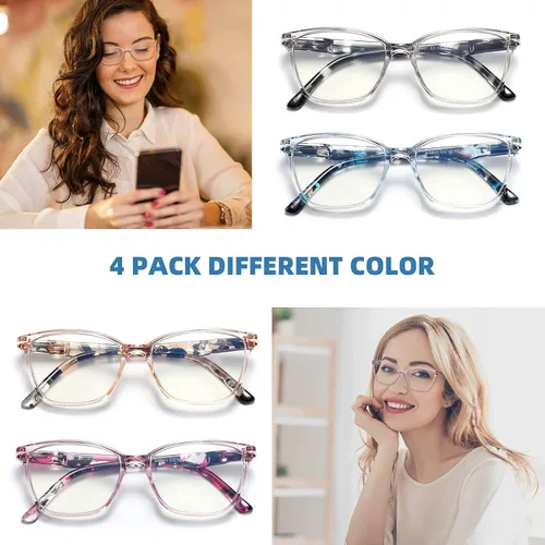 Miniatura 5 de Paquete de 4 lentes de bloqueo de luz azul para mujeres y hombres, anteojos cuadrados de moda para computadora con bisagra de resorte, anteojos