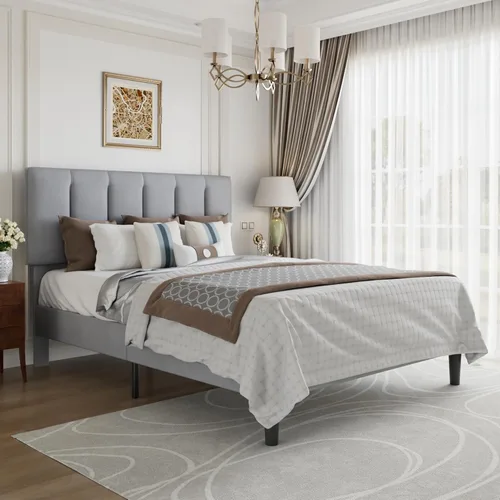 Miniatura 70 de VECELO - Base de cama tamaño individual con cabecera tapizada, plataforma con soporte de listones de madera de alta resistencia, no necesita somier
