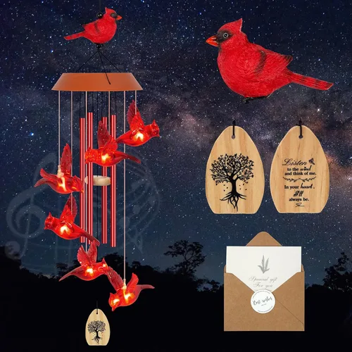 Miniatura 13 de YHmall Campanillas de viento Cardinal para exteriores, luces colgantes solares, campanillas de viento al aire libre, regalos Cardinal para mujeres