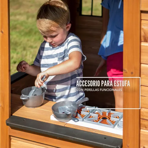 Miniatura 6 de Backyard Discovery Sweetwater Casa de juegos de madera de cedro para niños con cocina de juguete, barra de aperitivos, puerta media, teléfono