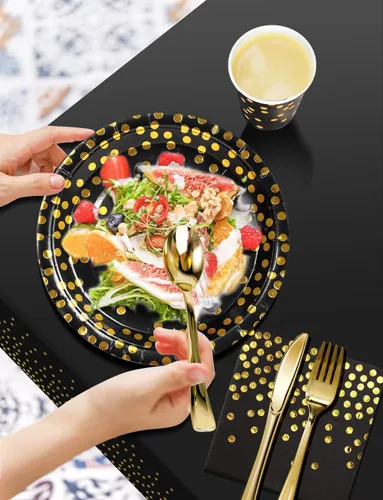 Miniatura 3 de Nkaiso 141 piezas de suministros para fiestas en negro y dorado, juegos de decoración desechables para fiestas que incluyen platos de papel