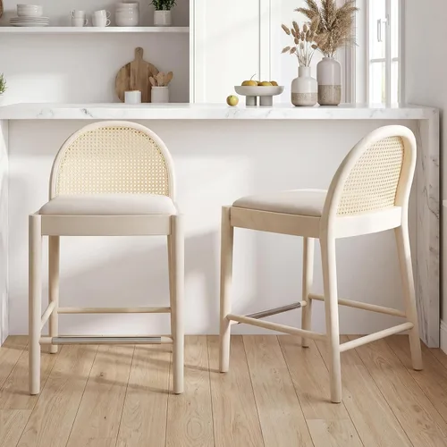 Miniatura 10 de HEAH-YO Taburetes de bar de ratán, juego de 2, taburetes de barra de 26 pulgadas de altura de mostrador con respaldos de ratán y patas de madera