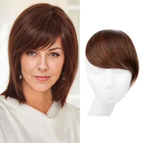 Miniatura 21 de SARLA Flequillo lateral negro marrón con clip en piezas de cabello sintético, extensión de flequillo recto para mujeres