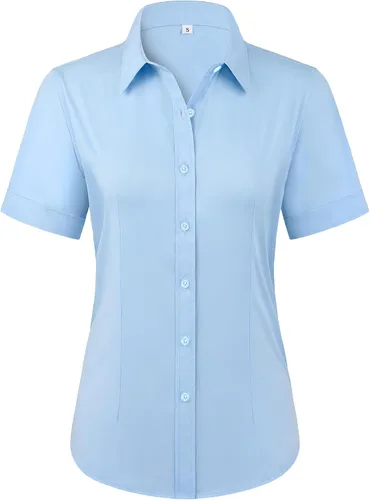 Miniatura 16 de Siliteelon - Camisas de vestir con protección contra manchas, sin arrugas, de manga corta, color liso, con botones, para mujer