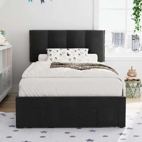 Miniatura 3 de VECELO Base de cama de tamaño individual con cajón de almacenamiento, base de cama de plataforma resistente con cabecera y fuerte soporte de Negro