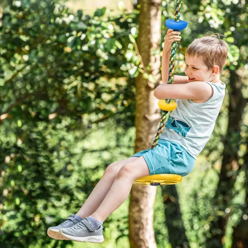 Miniatura 7 de Columpio de árbol para niños, juego de cuerda de escalada de asiento de un solo disco resistente con correa para colgar y mosquetones de plataforma