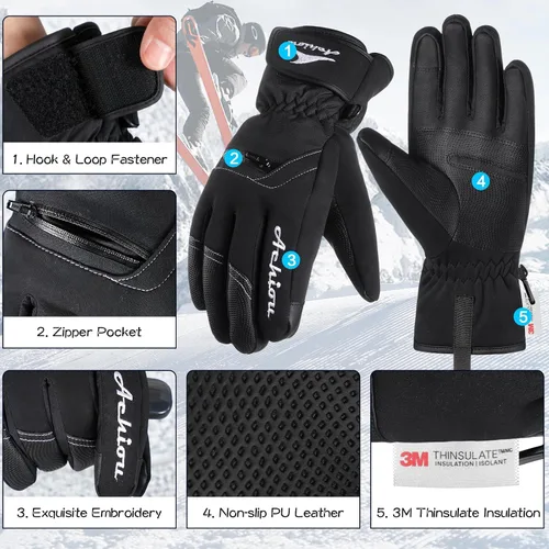 Miniatura 5 de Achiou Guantes de esquí para hombres y mujeres, impermeables, aislados, guantes de snowboard para pantalla táctil de invierno para -30 clima frío
