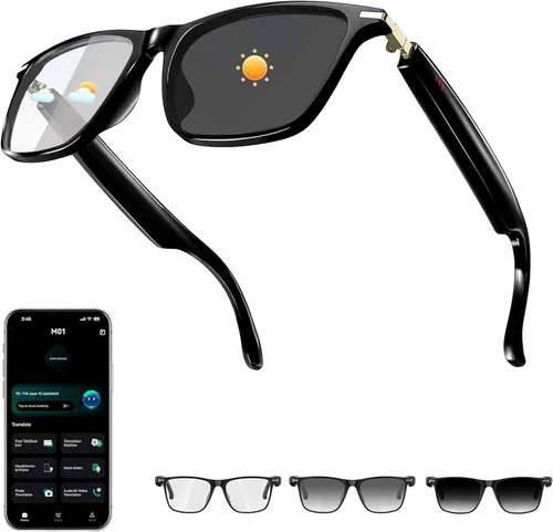 Lentes inteligentes AI con ChatGPT, gafas Bluetooth con más de 164 lenguajes y acentos, lente fotocrómica, audio de oído abierto, música y llamadas