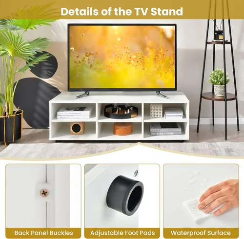 Miniatura 8 de Tangkula Soporte de TV con 6 compartimentos para televisores de hasta 55 pulgadas, centro de entretenimiento de madera blanca con 6 cubos