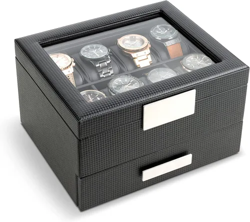 Miniatura 2 de Glenor Co Caja de reloj con cajón de valet para hombres, organizador de exhibición de lujo de 8 ranuras, diseño de fibra de carbono, hebilla