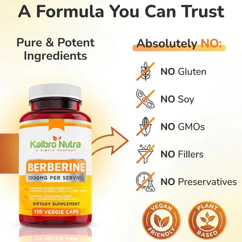 Miniatura 4 de Kaibro Nutra Suplemento de berberina de 1000 mg, berberina HCL para el sistema inmunológico, apoyo a la glucosa, salud circulatoria