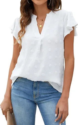 Blooming Jelly Blusa blanca para mujer cuello en V manga con volantes camisas fluidas elegantes casuales lindas camisetas de verano