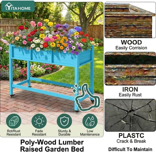 Miniatura 4 de YITAHOME Cama de jardín elevada de polietileno de alta densidad, 47 x 18 x 31 pulgadas, maceta elevada de madera de polietileno resistente a
