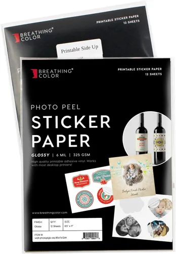 Foto Peel Gloss, acuoso de 8.5 x 11 pulgadas, 12 hojas de papel adhesivo de inyección de tinta para despegar y pegar, funciona con todos los modelos