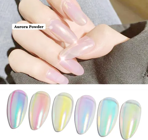 Miniatura 4 de 6 frascos de polvo de uñas cromado de sirena, polvo de uñas Aurora iridiscente perla polvo de arte de uñas efecto espejo metálico pigmento purpurina