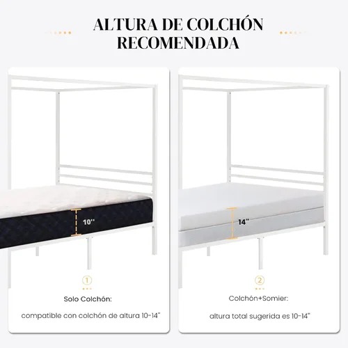 Miniatura 7 de SHA CERLIN Marco de Cama con Dosel de Metal Tamaño Queen/Base de Colchón con Soporte de Listones de Metal/No Necesita Somier/Fácil Montaje/Blanco