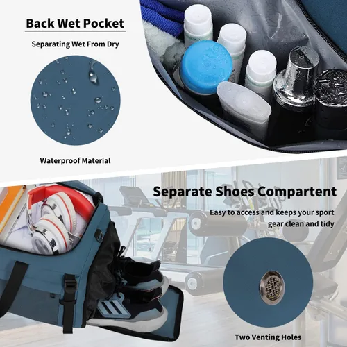 Miniatura 4 de Eackrola Bolsas de gimnasio para hombre con compartimento para zapatos, bolsa de lona deportiva con bolsillo húmedo para mujer, 65 L, Azul Niebla