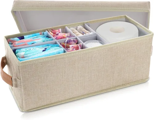 Lukeline Soporte de tampón para baño, contenedores de almacenamiento de baño con tapa, divisor ajustable, organizador de productos femeninos,