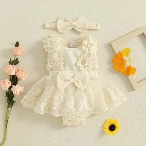 Miniatura 72 de Mubineo Ropa de verano para bebé niña, sin mangas, encaje floral, vestido de mameluco para recién nacido