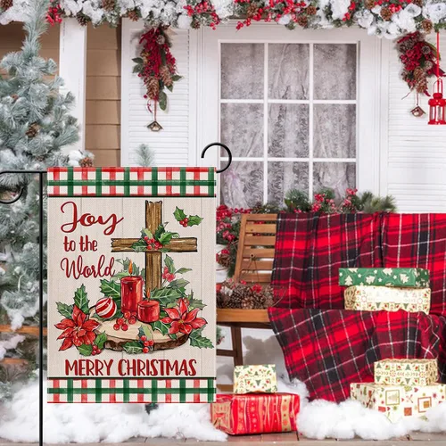 Miniatura 6 de Artofy Bandera de jardín decorativa pequeña cristiana de Feliz Navidad, cruz religiosa, flor de pascua, decoración exterior de césped, vela