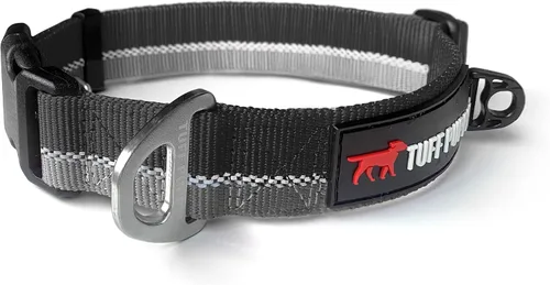 Tuff Pupper Collar de perro resistente | Reflectante con clip de correa de aluminio con anillo en D | Accesorio de etiqueta de identificación de