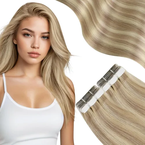 Miniatura 32 de Moresoo Extensiones adhesivas de cabello humano degradado, balayage, mezcla de marrón oscuro con extensiones de color marrón medio, extensiones