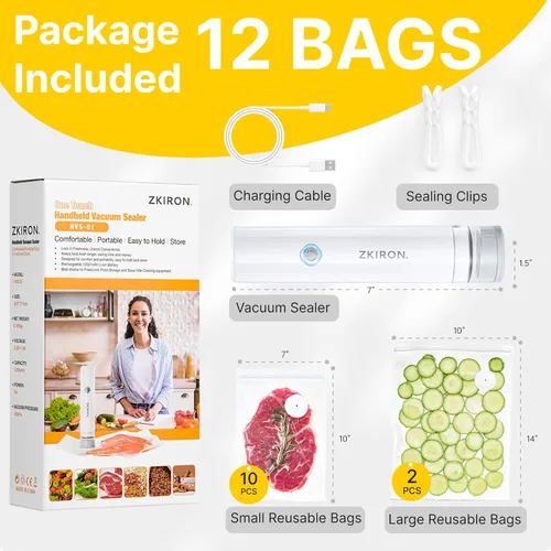 Miniatura 8 de ZKIRON Sellador al vacío compacto para alimentos: potente máquina selladora al vacío de mano con 12 bolsas de vacío reutilizables, 5 veces