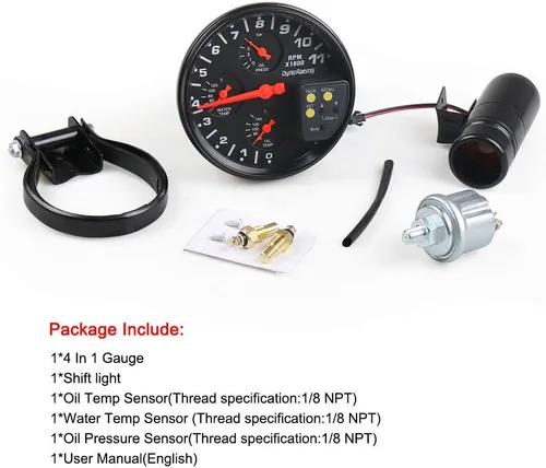 Miniatura 6 de Tacómetro, tacómetros de repuesto automotriz de 5 pulgadas, 12 V, 0-11000 RPM con luz de cambio, medidor de presión de temperatura de aceite/agua