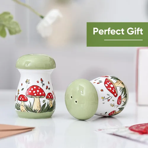 Miniatura 6 de Fungi Fun Juego de salero y pimentero de cerámica con forma de hongo, bonito juego de salero y pimienta para mesa y encimera, contenedores de Verde