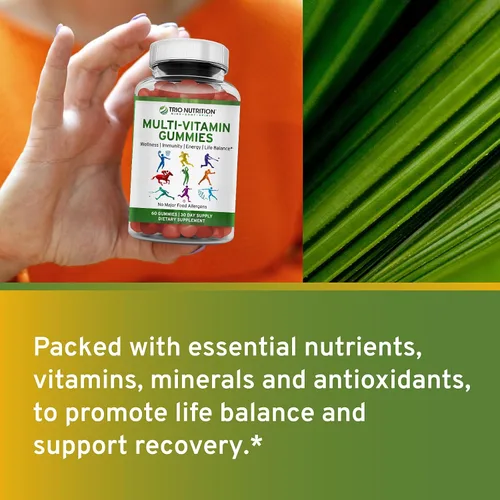 Miniatura 3 de TRIO NUTRITION Gomitas multivitamínicas diarias para hombres y mujeres, sabor a fruta natural con vitaminas esenciales A, B, C, D, E y zinc, sin