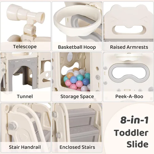 Miniatura 3 de Arlopu Juego de toboganes 8 en 1 para niños, tobogán de bebé para interiores y exteriores con aro de baloncesto, telescopio y espacio de Blanco