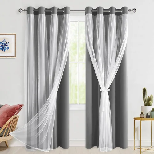 Miniatura 61 de Hiasan Cortinas opacas con superposición transparente, aislamiento térmico para mezclar y combinar de doble capa, cortinas de oscurecimiento de Beige