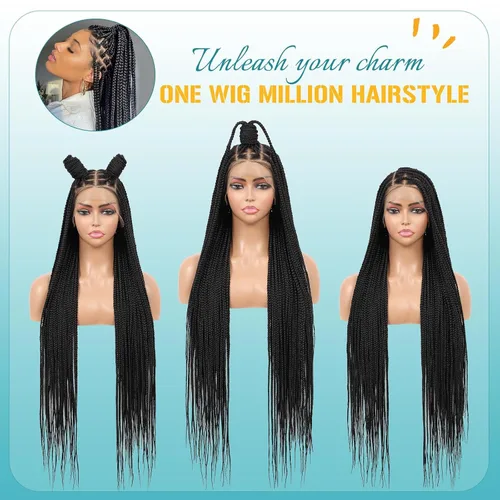 Miniatura 6 de Kalyss Pelucas trenzadas sin nudos para mujer, peluca trenzada con encaje frontal de 13 x 8 pulgadas, pelucas trenzadas con cabello de bebé, peluca