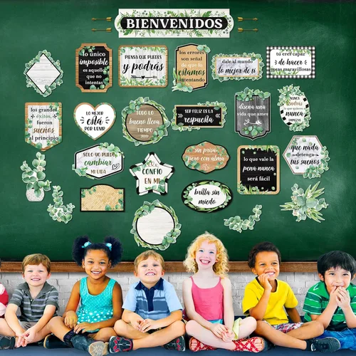 Miniatura 4 de Pasimy 24 carteles inspiradores en español Bienvenidos para el aula, carteles motivacionales de eucalipto, juego de tablones de anuncios