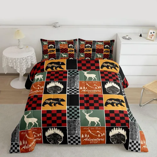 Miniatura 202 de Juego de edredón de oso y ciervo, tamaño individual, ropa de cama de animales salvajes de caza, colcha rústica de cabaña, casa de campo, cuadros