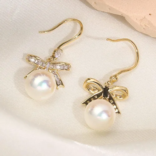 Miniatura 5 de MIKAMU Aretes de lazo de oro de 14 quilates para mujer, circonita cúbica, chapados en oro, delicados aretes de perlas para mujer, joyería de regalo