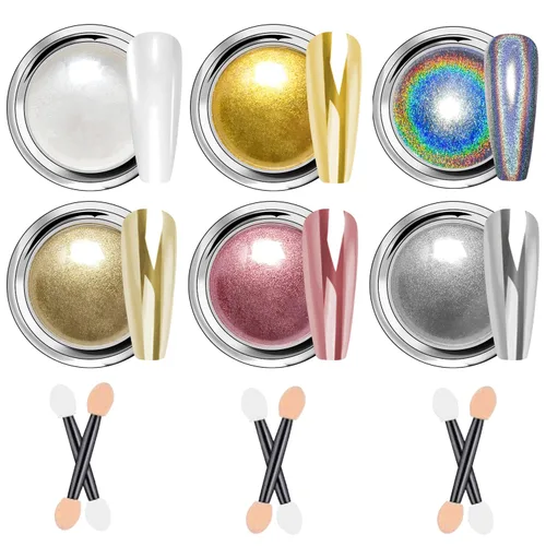 Miniatura 19 de 【Efecto espejo metálico n.º 1】Polvo de uñas cromado dorado LEDSUUEI – Polvo holográfico Aurora iridiscente perlado dorado cromado, blanco, perla