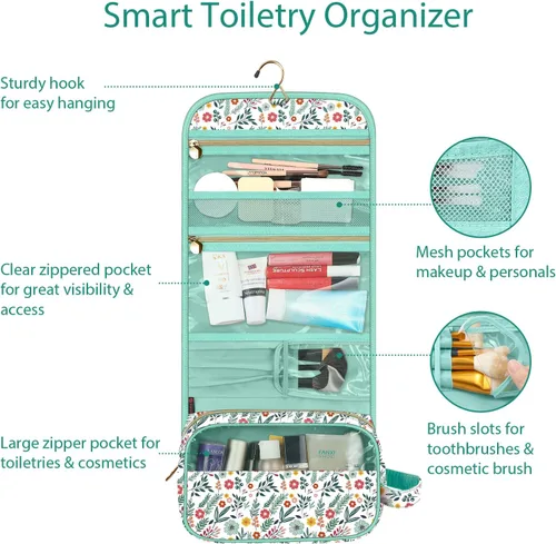 Miniatura 2 de Fintie - Bolsa de viaje portátil para cosméticos y artículos de aseo, bolsa grande colgante resistente al agua, organizador de maquillaje y Primavera