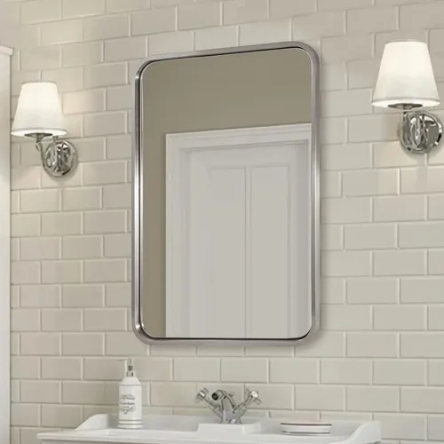 Miniatura 8 de ANDY STAR - Espejo de baño de 22x30 pulgadas con acabado de níquel cepillado, espejo rectangular redondeado de níquel cepillado para tocador de baño