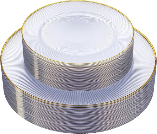 Miniatura 18 de Hioasis 60 platos de plástico verde y dorado, juego de vajilla desechable verde, 30 piezas de cena de 10.25 pulgadas y 30 platos de postre de 7.5