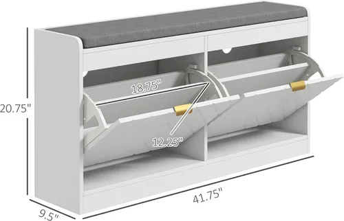Miniatura 3 de HOMCOM Banco de zapatos, banco de entrada con 2 cajones abatibles, cojín de asiento y 2 rejillas de ventilación para 8 pares de zapatos