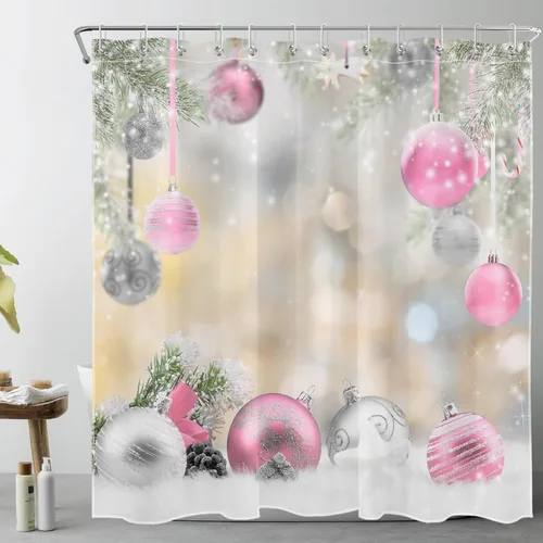 Miniatura 8 de LB Winter Christmas Shower Curtain Sets with Rugs Silver and Light Blue Xmas Ball in Winter Snow Scene Fabric Shower Curtain with Hooks New Year
