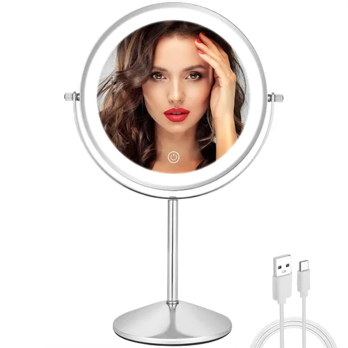 Miniatura 8 de 8" Makeup Mirror with Lights, 1X/10X Lighted Vanity Mirror with Magnification, 3 Color Adjustable Brightness, 360° Rotating Dual-Side, USB